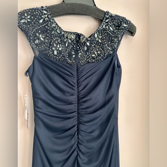 NWT XSCAPE Beaded Ruffled Long Party Dress Navy Blue Size 4/S - Picture 6 of 8
